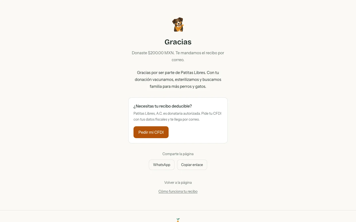 Pantalla de gracias con el logo de la causa, el monto donado, el agradecimiento y los botones para compartir la página