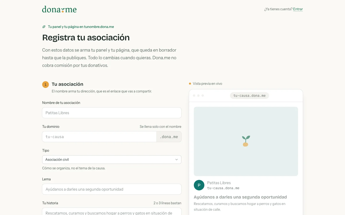 Formulario para crear la página de una causa, con la vista previa en vivo a la derecha