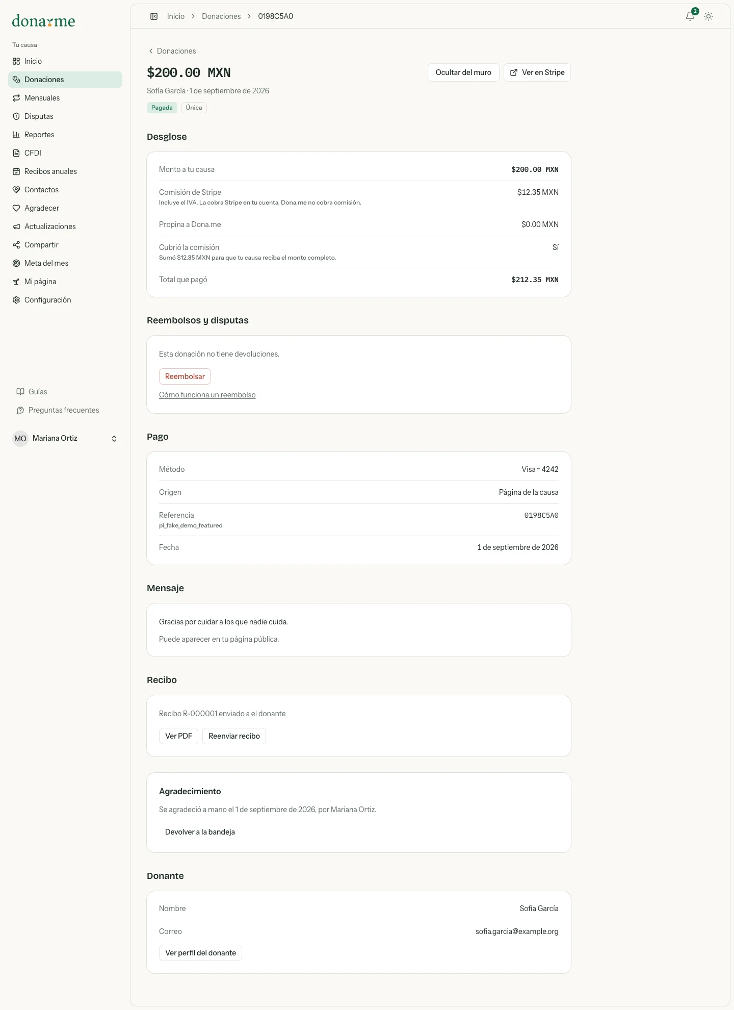 Detalle de una donación con desglose, pago, mensaje, recibo y datos del donante