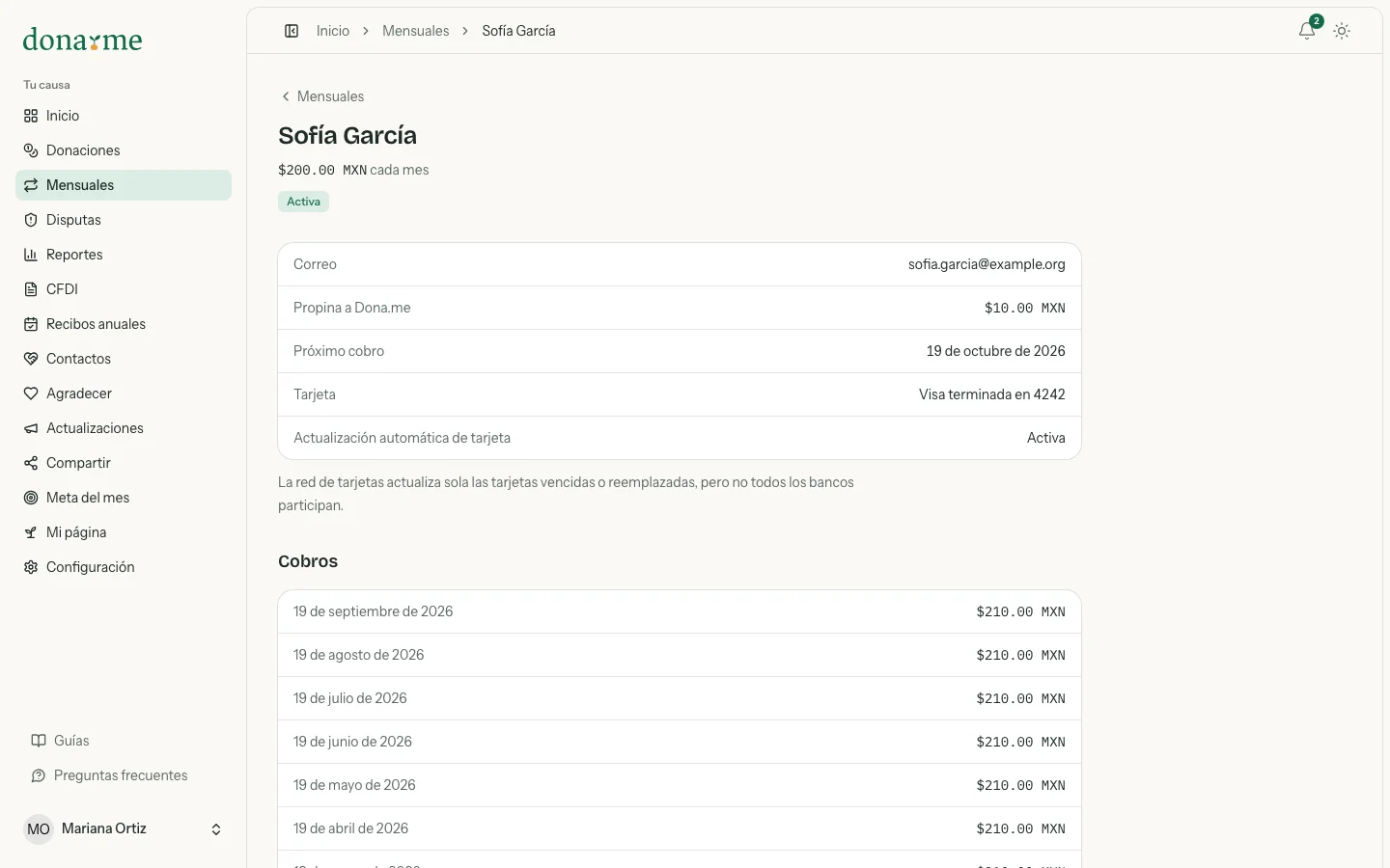 Detalle de una donación mensual activa con sus cobros y su historial