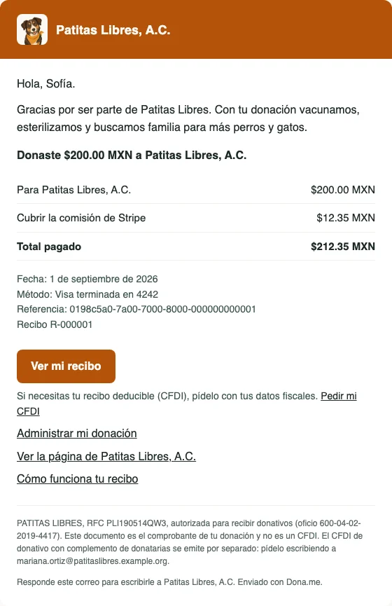 Correo de recibo con el agradecimiento, el desglose y el botón para ver el recibo